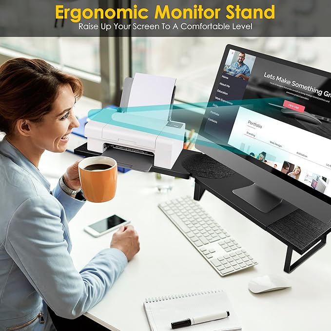 Dual-Monitor-Riser-Stand-For-Desk, Large Monitor Stand Riser For 2 Monitors With Adjustable Length Angle, Double Computer Riser For Desktop Organizer, Monitor Shelf Riser For TV Laptop Printer