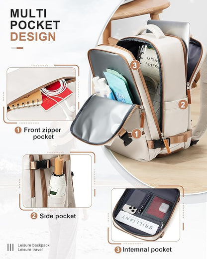 Travel Backpack for Women Men, Flight Approved Carry on Backpack with Shoe Compartment, Waterproof Laptop Backpack Personal Item Travel Bag - Ideal for Weedender, Hiking, Sport & Gym, Beige with Brown