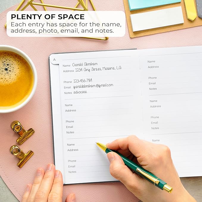 Clever Fox Address Book with alphabetic tabs - PU Leather Telephone and Address Book for Keeping Contacts Safe, Contact Organizer Journal, Medium Size (5.3″ x 7.7″) Hardcover, Silver Black