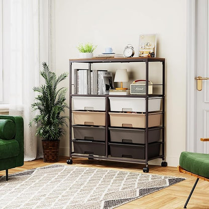 8 Drawers Rolling Storage Cart with Wooden Top, Multipurpose Utility Cart with Opening Shelf & Lockable Wheels, Storage Drawer Cart Organizer for Home Office Craft Room Classroom, Brown