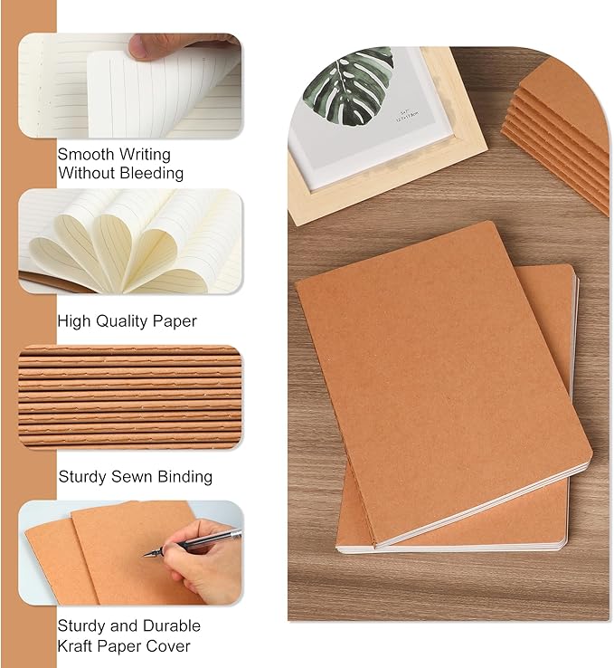 miikoul 100 Pack A5 Kraft Paper Notebook Lined Journal Bulk, 8.3 x 5.5 Inch, 60 Pages/30 Sheets, 80GSM, Travel Notebook Notepad for Adult, Students, Gift, School, Office Supplies
