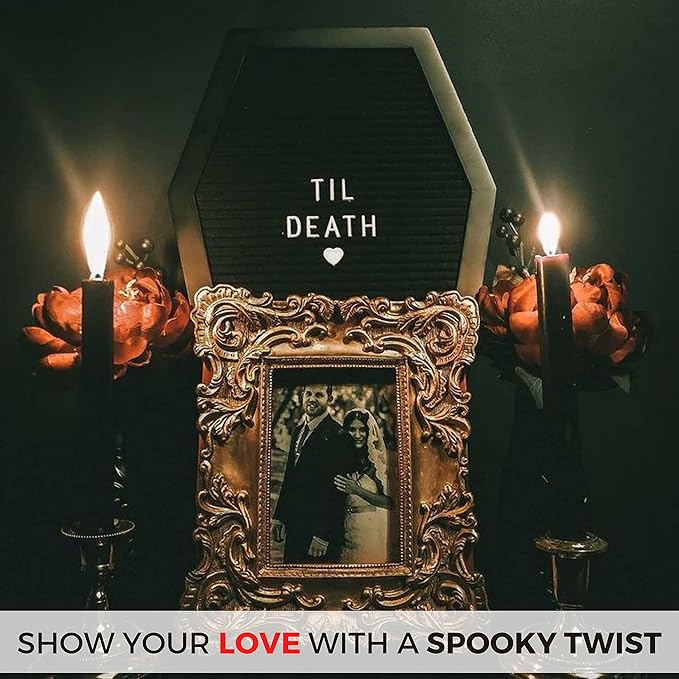 Coffin Letter Board Black With Spooky & Seasonal Emojis +550 Characters, Wooden Stand - 17x10.5 Inches - Coffin Shaped Goth Decor Sign Witchy Halloween Decorations Gothic Decor Birthday Wedding Home Spooky Gifts