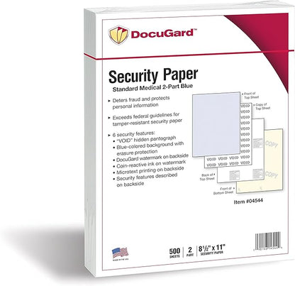 DocuGard Standard Medical Security Paper for Printing Prescriptions and Preventing Fraud, CMS Approved, 6 Security Features, Laser and Inkjet Safe, Blue/Canary 2-Part, 8.5 x 11, 24 lb., 250 Sets (04544)