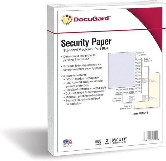 DocuGard Standard Medical Security Paper for Printing Prescriptions and Preventing Fraud, CMS Approved, 6 Security Features, Laser and Inkjet Safe, Blue/Canary 2-Part, 8.5 x 11, 24 lb., 250 Sets (04544)