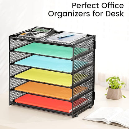 6 Tier Paper Organizer, Metal Mesh Desk File Organizer, Letter Tray Organizer, Paper Sorter Desk Organizer for Office, Home or School File Folder Holder - Black