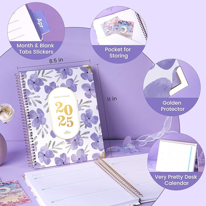 Yoment 2025 Planner Weekly and Monthly 8.5"x11" Hardcover 2025 Planner Dec 2024-Dec 2025 with 13 Month Tabs，Spiral Bound 2025 Calendar Monthly Planner for Women with Stickers Yearly Agenda，Purple