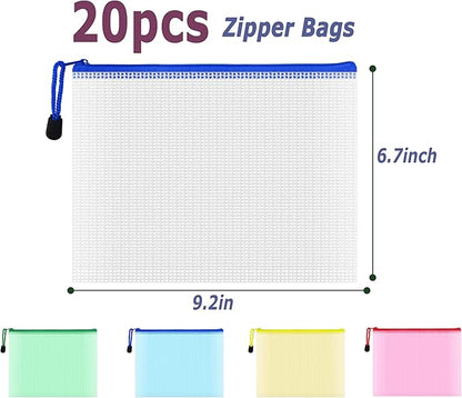 AUSTARK 20 Pcs Zipper File Bags, Plastic Mesh Pouch, Board Game Storage Bag, Waterproof Bags for Office School (A5 Size 9.2''x6.7'', Multicolored)