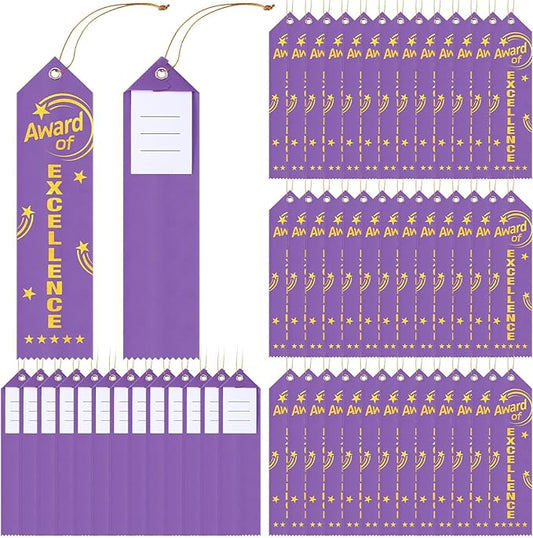 50 Pcs Award of Excellence Ribbons 8 x 2 Inches Purple Excellence Ribbons with Cards and Strings Achievement Prizes Bookmark Style Awards for Competitions Class Activities Office Team