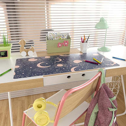 Colorful Star Starry Sky Large Desk Pad, Celestial Moon and Sun Extended Gaming Mouse Pad Non-Slip Desk Mat, Leather Blue Keyboard Mat for Desktop Gaming Accessories 31.5"x15.7"