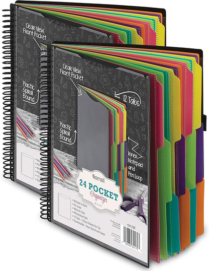Samsill 2 Pack Deluxe 24 Pocket Spiral Project Organizer with Refillable Notepad, Customizable Front Cover, 12 Dividers with Erasable Write-On Tabs in Fashion Colors, Plastic Folders with Pockets