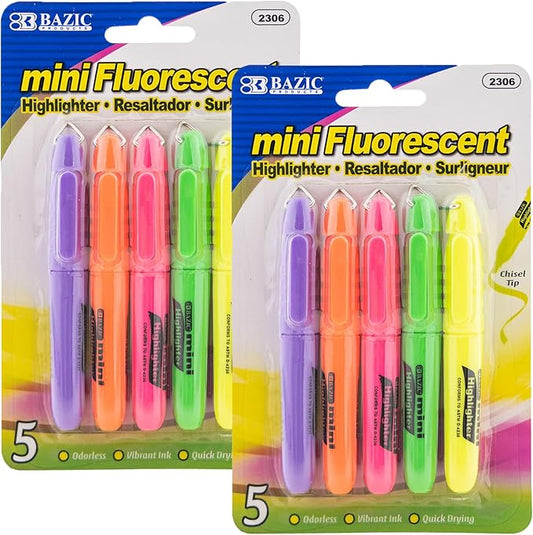 BAZIC Mini Highlighter Pen Assorted Color, Chisel Tip Broad Fine Line Highlighters, Unscented Highlighting Coloring for School Office (5/Pack), 2-Packs
