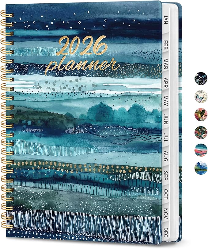 2026 Planner, Weekly and Monthly Planner for Women, January 2026 to December 2026, Pretty Hardcover 2026 Calendar Planner Book with Tabs, Inner Pocket, Spiral Bound, Perfect Office Home School Supplies - 6.3" x 8.5", Azure Drift
