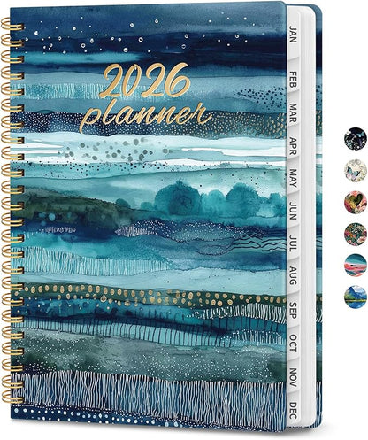 2026 Planner, Weekly and Monthly Planner for Women, January 2026 to December 2026, Pretty Hardcover 2026 Calendar Planner Book with Tabs, Inner Pocket, Spiral Bound, Perfect Office Home School Supplies - 6.3" x 8.5", Azure Drift