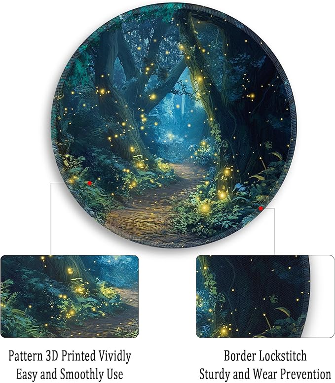 Gctriki Fireflies Forest Round Mouse Pad, with Stitched Edge Non-Slip Rubber Base, Small Travel Mouse Pad for Laptop Computer Desk Gaming, Cute Office Desk Accessories Decor for Women
