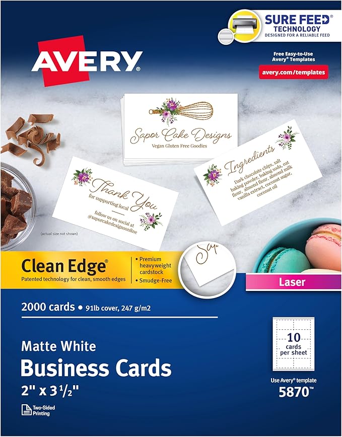 Avery Clean Edge Printable Business Cards with Sure Feed Technology, 2" x 3.5", White, 2,000 Blank Cards for Laser Printers (5870)