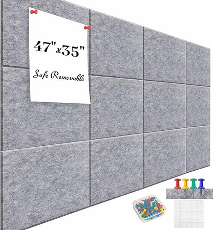 Felt Bulletin Board Felt Wall Tiles 12 Pack- 47"x35" Large Cork Board/Cork Tiles Alternative Safe Removable Felt Boards for Walls Felt Board for Office Felt Pin Board Light Gray