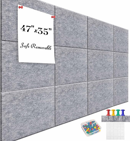 Felt Bulletin Board Felt Wall Tiles 12 Pack- 47"x35" Large Cork Board/Cork Tiles Alternative Safe Removable Felt Boards for Walls Felt Board for Office Felt Pin Board Light Gray