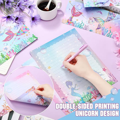 TaoBary 160 Packs Stationery Paper Set (50 Double Sided Stationery Writing Papers 50 Matching Envelopes) 60 Round Dot Sticker, 10 Design(Mermaid,8.5 x 11 Inch)