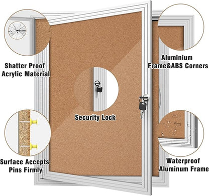 26"x20" Enclosed Bulletin Board, Outdoor Lockable Weather-Resistant Aluminum Cork Noticeboard for School & Office, Silver Frame w/Cork