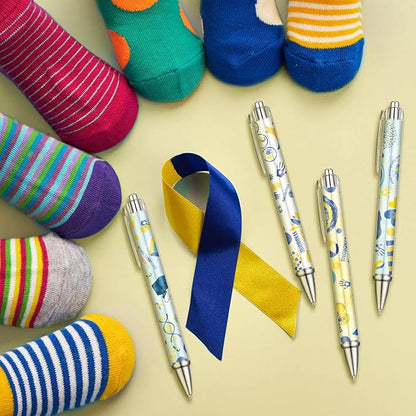 24 Pcs Down Syndrome Pens Bulk Down Syndrome Awareness Party Favors Blue and Yellow Themed Party Decorations Ballpoint Pen for Prizes Office Party Gifts
