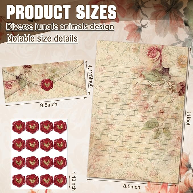 TaoBary 160 Packs Stationery Paper Set (50 Double Sided Stationery Writing Papers 50 Matching Envelopes) 60 Round Dot Sticker, 10 Design(Vintage Floral,8.5 x 11 Inch)
