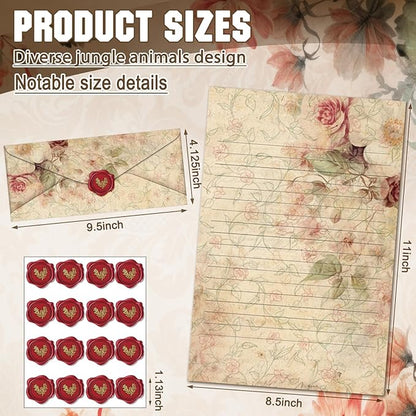 TaoBary 160 Packs Stationery Paper Set (50 Double Sided Stationery Writing Papers 50 Matching Envelopes) 60 Round Dot Sticker, 10 Design(Vintage Floral,8.5 x 11 Inch)
