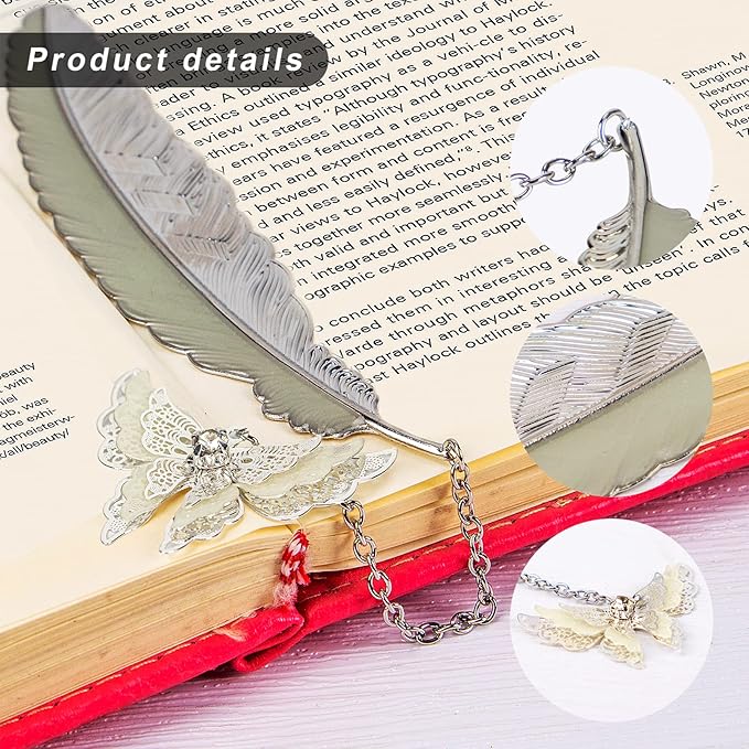 Feather Metal Bookmark with 3D Butterfly Pendant, Unique Glow in The Dark Butterfly Bookmark, Mothers Day, Thanksgiving, Valentine's Day Gifts Gift for Women Her (Silver Butterfly)