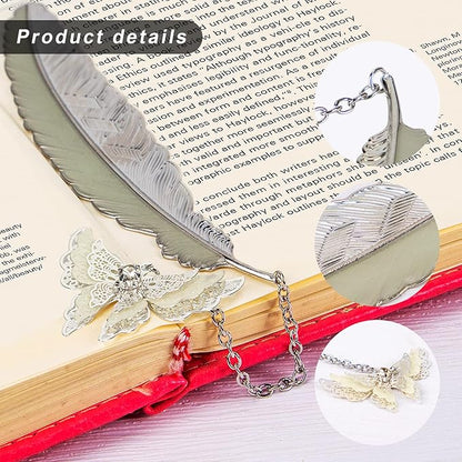 Feather Metal Bookmark with 3D Butterfly Pendant, Unique Glow in The Dark Butterfly Bookmark, Mothers Day, Thanksgiving, Valentine's Day Gifts Gift for Women Her (Silver Butterfly)