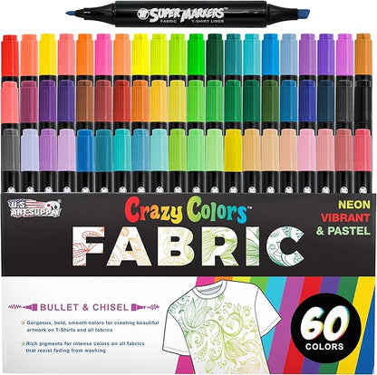 Super Markers 60 Unique Primary, Pastel, Neon Colors Dual Tip Fabric & T-Shirt Marker Set - Double-Ended Fabric Markers with Chisel Point and Fine Point Tips - Bright Vibrant Bold Permanent Ink Colors