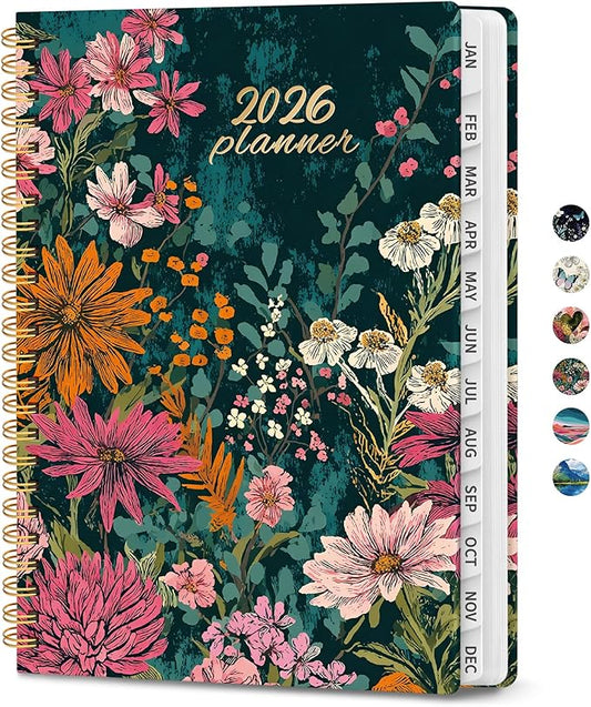 2026 Planner, Weekly and Monthly Planner for Women, January 2026 to December 2026, Pretty Hardcover 2026 Calendar Planner Book with Tabs, Inner Pocket, Spiral Bound, Perfect Office Home School Supplies - 6.3" x 8.5", Wildflower Reverie