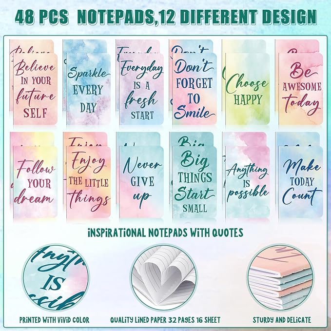 96 Pcs Watercolor Bulk Motivational Pens Inspirational Notepads Set, Pocket Motivational Quote Notebooks Ballpoint Pens, Mini Journals Gift Set for Kids Students Teachers School Office Prizes Supplies