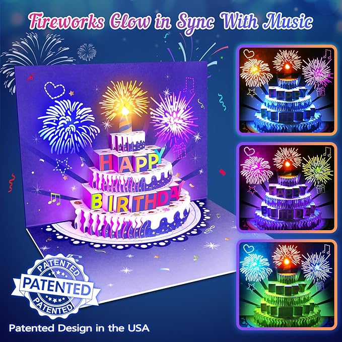 Birthday Cards Fireworks Pop Up Cake Light and Music Happy Birthday Card Gift for Women, Men, Mom, Grandma