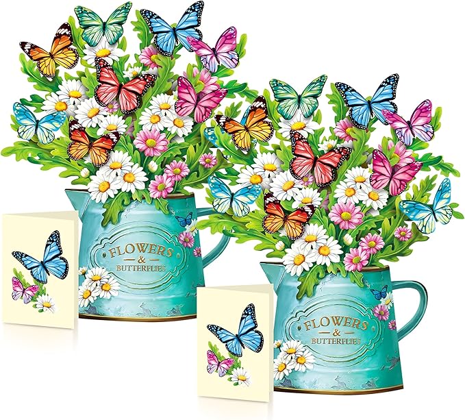Airpark Pop Up Flower Cards, 2 Packs, Daisies and Butterflies,12inch Flower Bouquet 3D Popup Greeting Cards with Blank Note Card and Envelope for Birthday, Easter, Mothers day for Women Kids