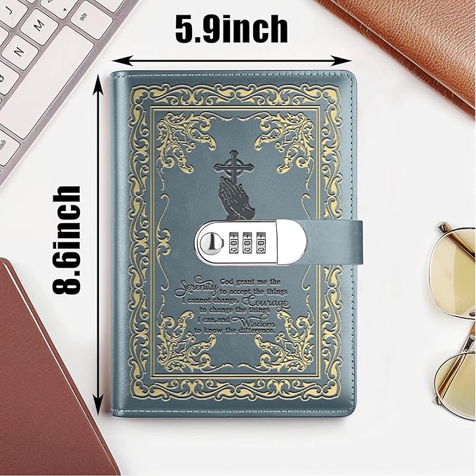 Bible Verse Gift God Grant Me The Serenity to Accept The Things A5 Locking Leather Journal Christian Gift Refillable Writing Notebook with Lock Password (God Prayer-Grey)