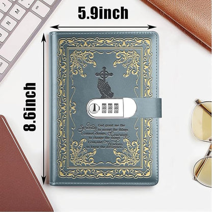 Bible Verse Gift God Grant Me The Serenity to Accept The Things A5 Locking Leather Journal Christian Gift Refillable Writing Notebook with Lock Password (God Prayer-Grey)
