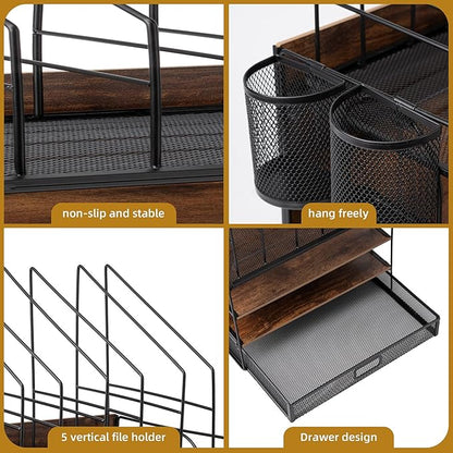 4 Tier Desk Organizers and Accessories, Paper Letter Tray Organizer,Vintage Wood Desk File Organizer with 5 Vertical File Holders and 2 Pen Holders for School Home Office Supplies