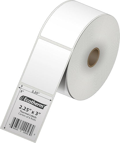 2.25" x 3" Thermal Labels | 6 Rolls | 5040 Labels | fits Zebra, Munbyn, Rollo, Godex, Arkscan, iDPRT, Offnova Thermal Label Printers and More | Blank White Adhesive Stickers by Ecotherm