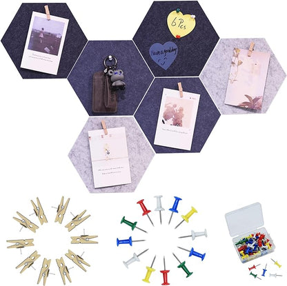 6Pcs Gray Hexagon Bulletin Board Strips,Grey Felt Pin Board Bar Strips with 50 Pushpins, Self-Adhesive Felt Cork Board Strips for Wall to Display Your Notes, Photos, Schedules, Announcements