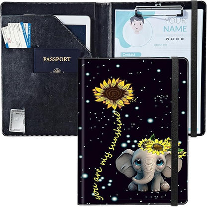 PU Leather Padfolio Clipboard Notepad with Pen Loop and Elastic Strap Interview/Resume Document Organizer for Business School Office,Elephant Sunflower