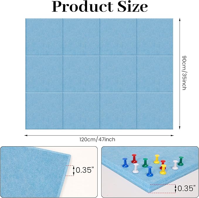 Large Cork Board for Walls Blue Felt Board Alternative -Felt Bulletin Board Tiles for Office Wall Decor,corkboard,Push pin Board Wall Organizer for Office -12Pack (Blue)