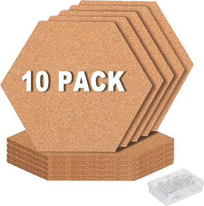 FEBSNOW 10 Pack Self-Adhesive Cork Board Tiles Hexagonal Cork Board Mini Wall Bulletin Board with 50 Multi-Color Push Pins