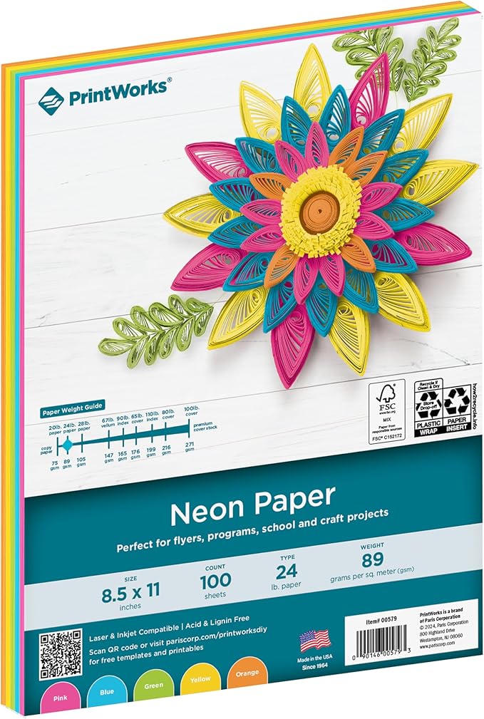 Printworks Neon Colored Paper, 24 lb, 5 Assorted Florescent Colors, FSC Certified, 100 Sheets, 8.5 x 11 Inch (00579), Single