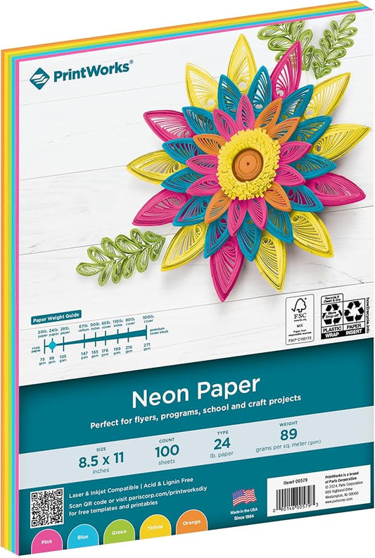 Printworks Neon Colored Paper, 24 lb, 5 Assorted Florescent Colors, FSC Certified, 100 Sheets, 8.5 x 11 Inch (00579), Single