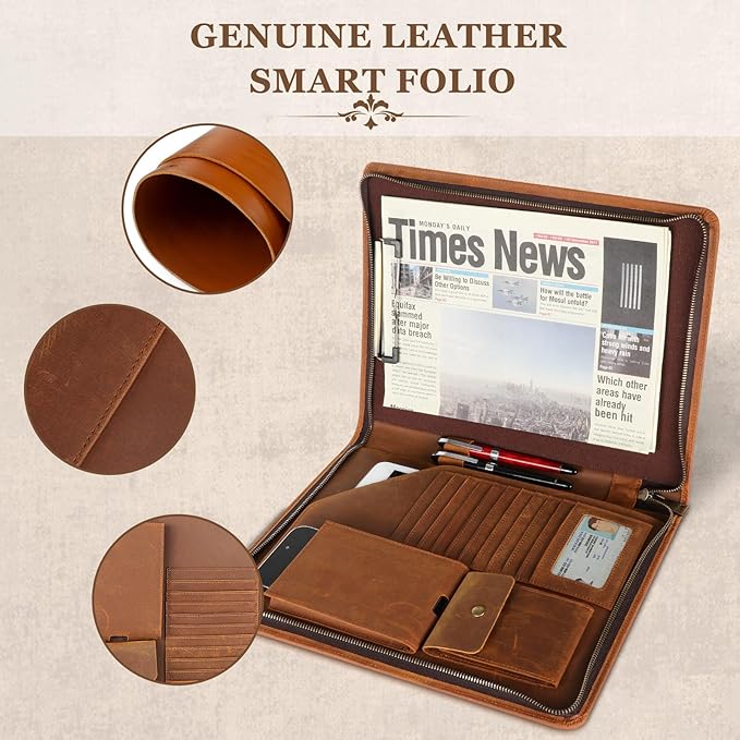 Full Grain Leather Portfolio Binder, Leather Padfolio Business Resume Legal Pad Notebook Binder for A4/Pad, Leather Folio Leather Folder, Writing Pad for Business School Office