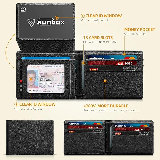 RUNBOX Wallet for Men Slim Rfid Leather 2 ID Window With Gift Box