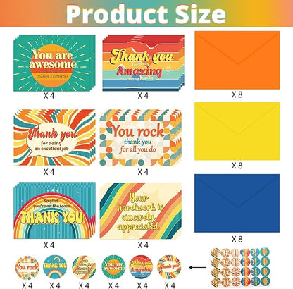 24 Pack Employee Appreciation Gifts Employee Thank you Cards with Envelopes & Stickers 4" x 6" Thank You Business Cards Staff Appreciation Gifts for Team Coworkers Employee Work Anniversary, 6 Designs