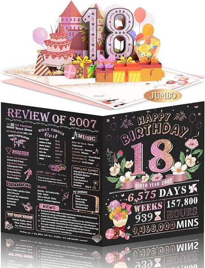 18th Birthday Card for Girls Daughter, Jumbo Pop Up 18th Birthday Cards for Her Granddaughter, Happy 18th Birthday Decorations for 18 Year Old Girls Daughter Funny Birthday Gifts, Review of 2007, Pink
