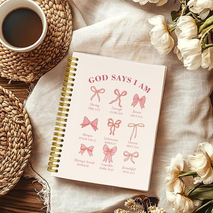 Coquette Pink Bows Spiral Bible Notebook, Christian Gifts for Women Girls, God Says I Am Christian Scripture Prayer Journal, Church Notes Notebook, Hardcover Notebooks College Ruled 5.5 x 8.3