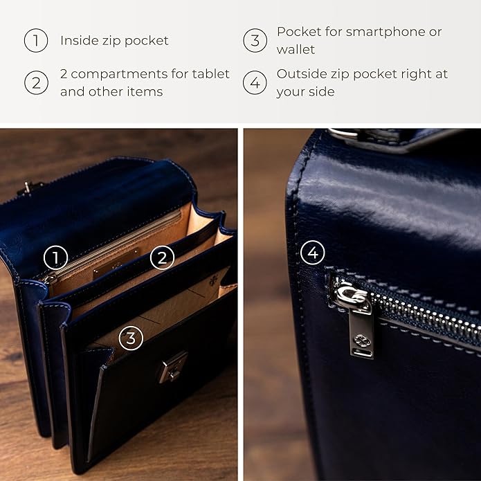 Time Resistance Small Leather Briefcase for Men - Crossbody Bag - Italian Leather Messenger Bag - Gift Box Included