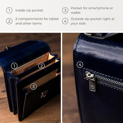 Time Resistance Small Leather Briefcase for Men - Crossbody Bag - Italian Leather Messenger Bag - Gift Box Included
